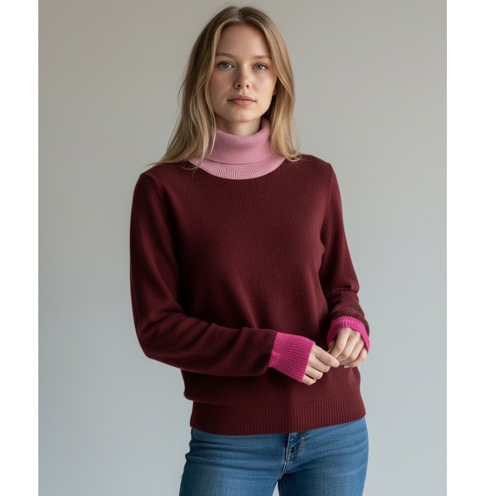 Boden Eva Cashmere Roll Neck Jumper Burgundy Pink Colorblock Sweater S K1003